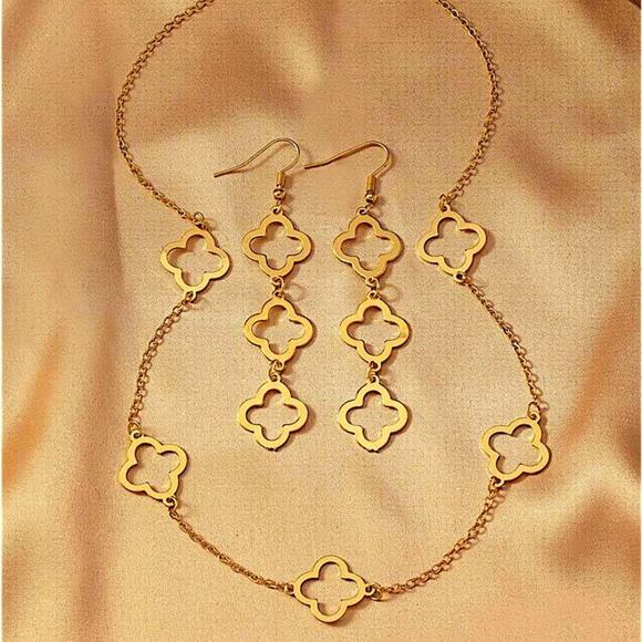 Gold Four Leaf Clover Necklace Earrings Set Luxury Dangle Two Piece Set - Picture 6 of 6